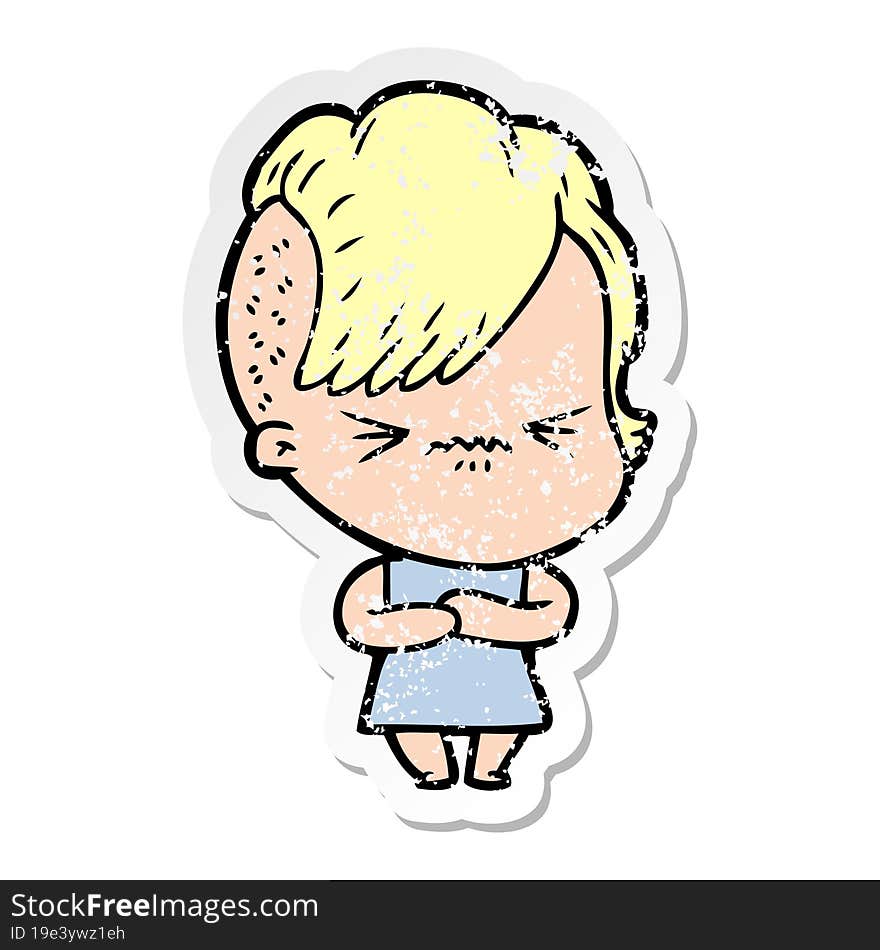 distressed sticker of a cartoon annoyed hipster girl