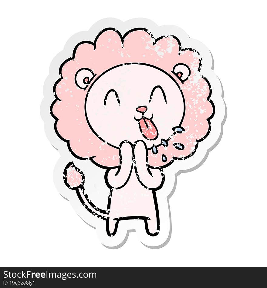 distressed sticker of a happy cartoon lion