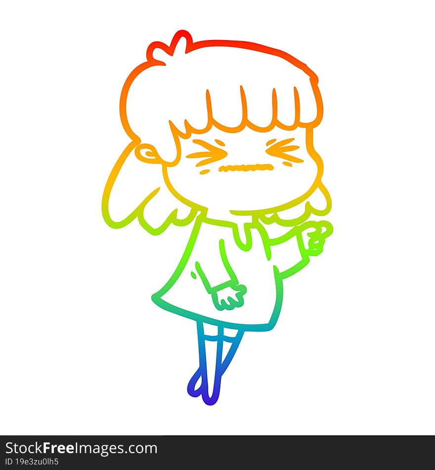 rainbow gradient line drawing of a cartoon angry girl