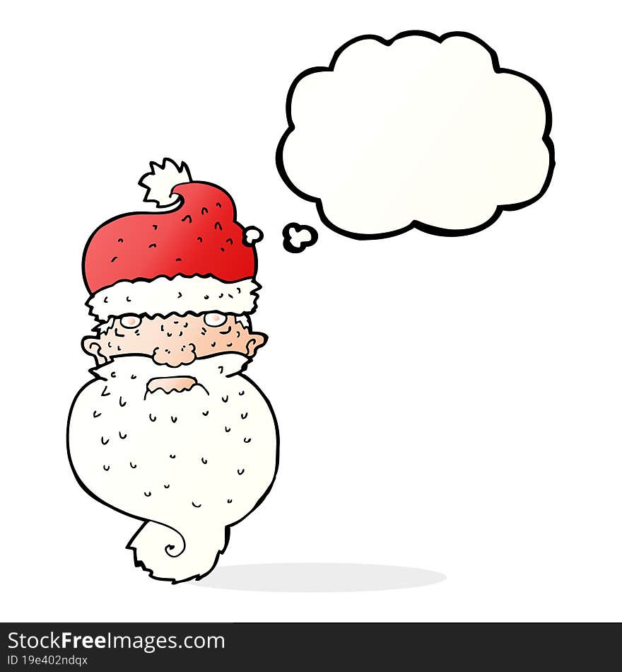 cartoon grim santa face with thought bubble