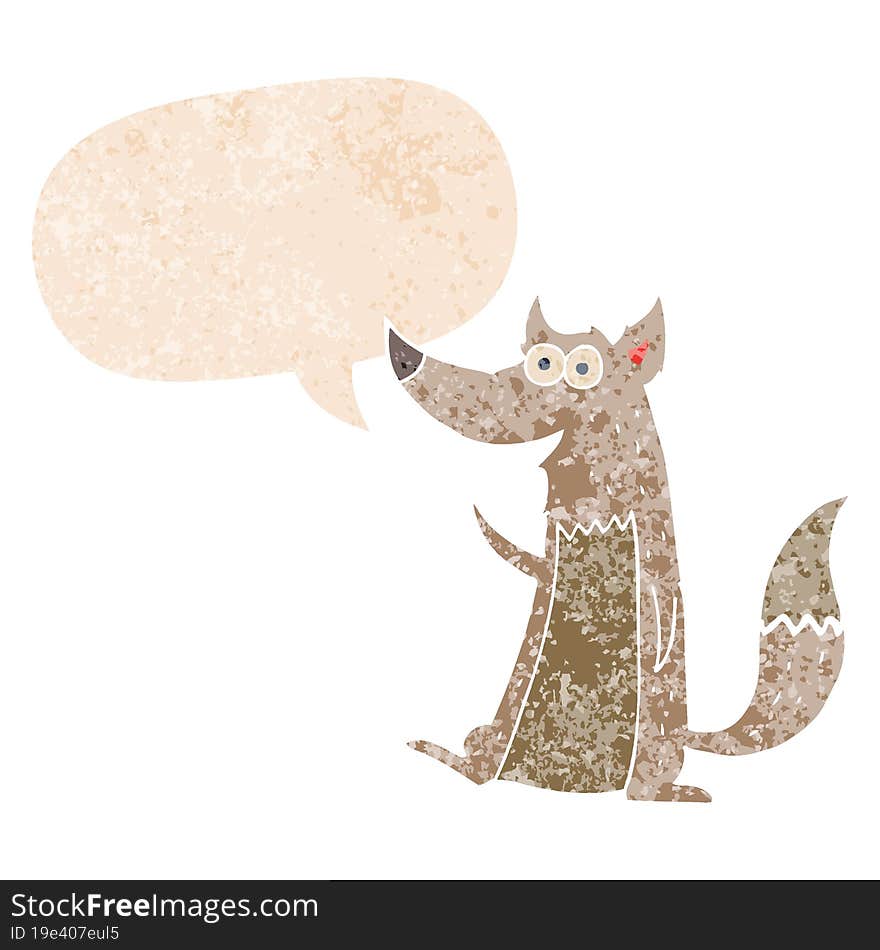 cartoon wolf and speech bubble in retro textured style