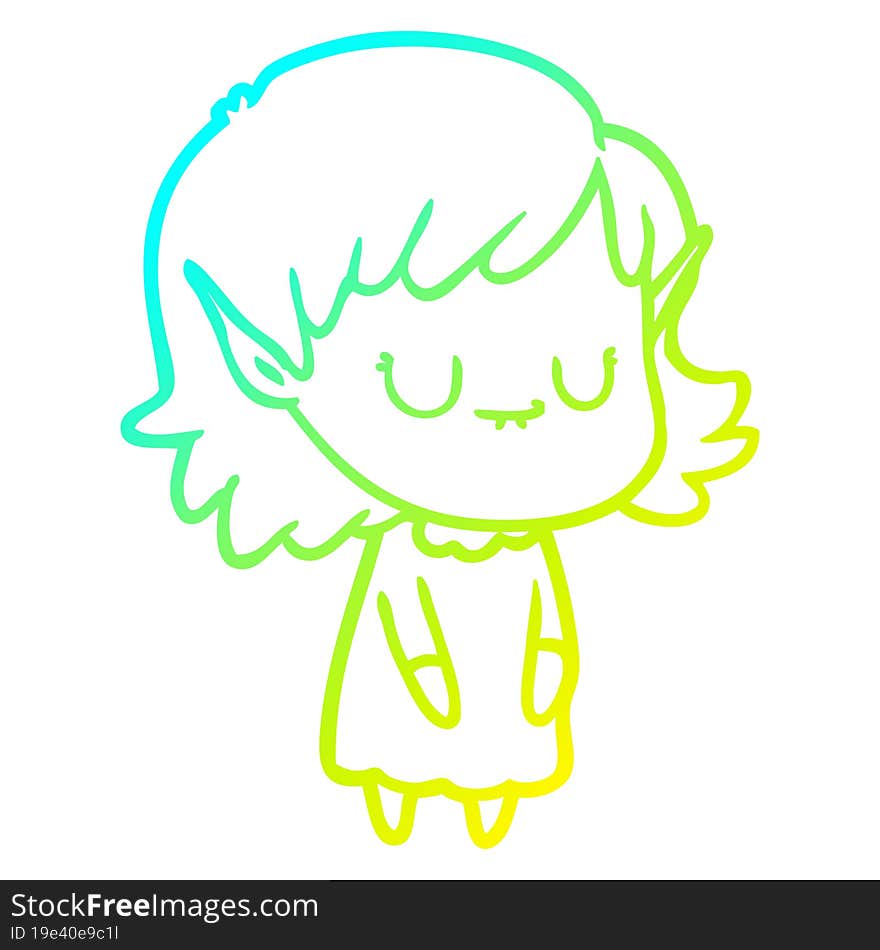 Cold Gradient Line Drawing Happy Cartoon Elf Girl Wearing Dress