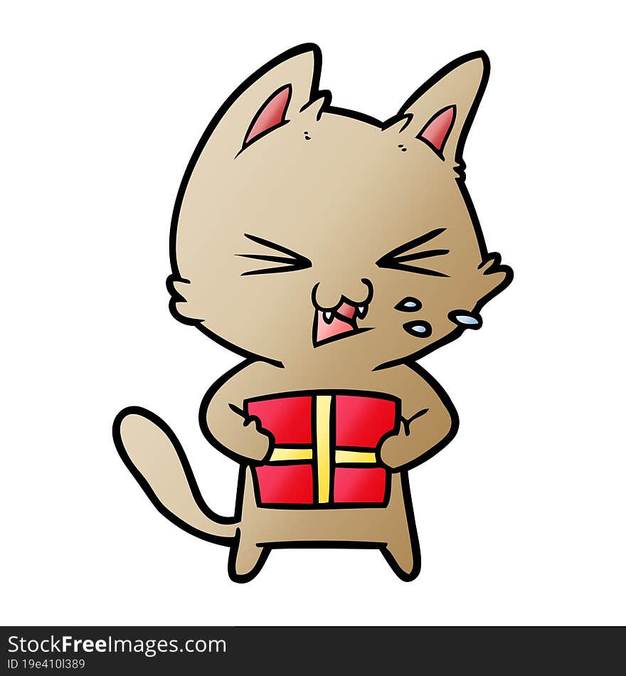 cartoon hissing cat with christmas present. cartoon hissing cat with christmas present