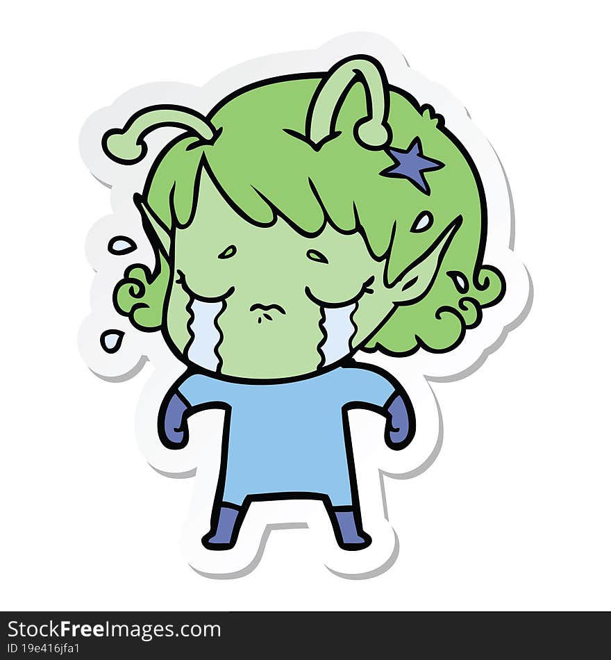 sticker of a cartoon crying alien girl