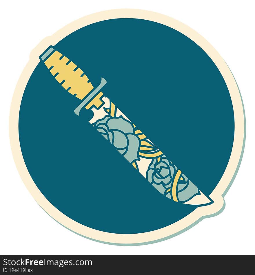 sticker of tattoo in traditional style of a dagger and flowers. sticker of tattoo in traditional style of a dagger and flowers