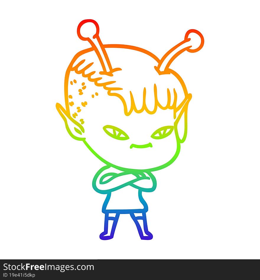 rainbow gradient line drawing of a cute cartoon alien girl