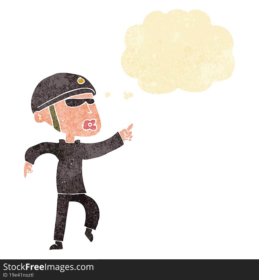 cartoon man in bike helmet pointing with thought bubble