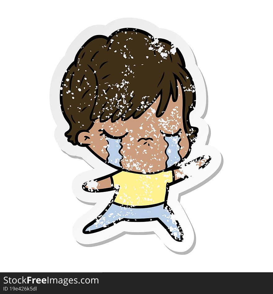 distressed sticker of a cartoon woman crying