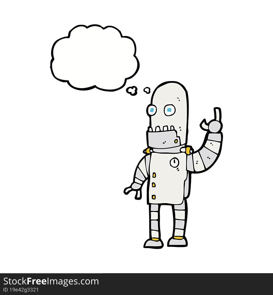 cartoon waving robot with thought bubble