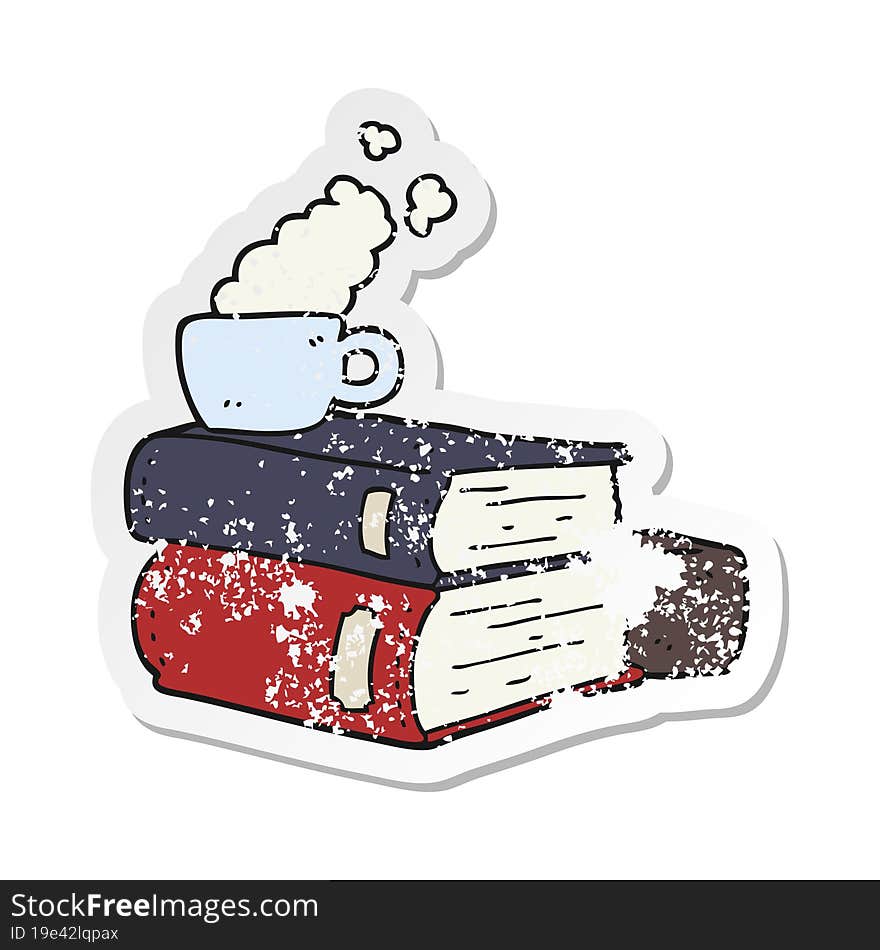 distressed sticker of a cartoon books and coffee cup