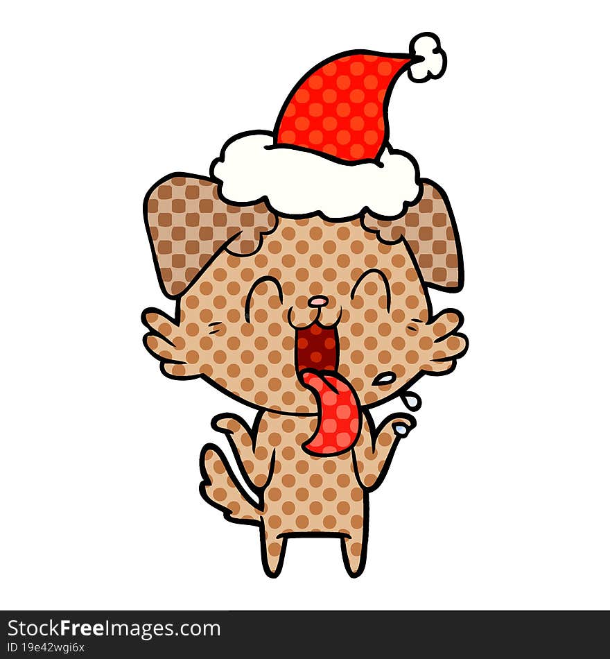 comic book style illustration of a panting dog shrugging shoulders wearing santa hat