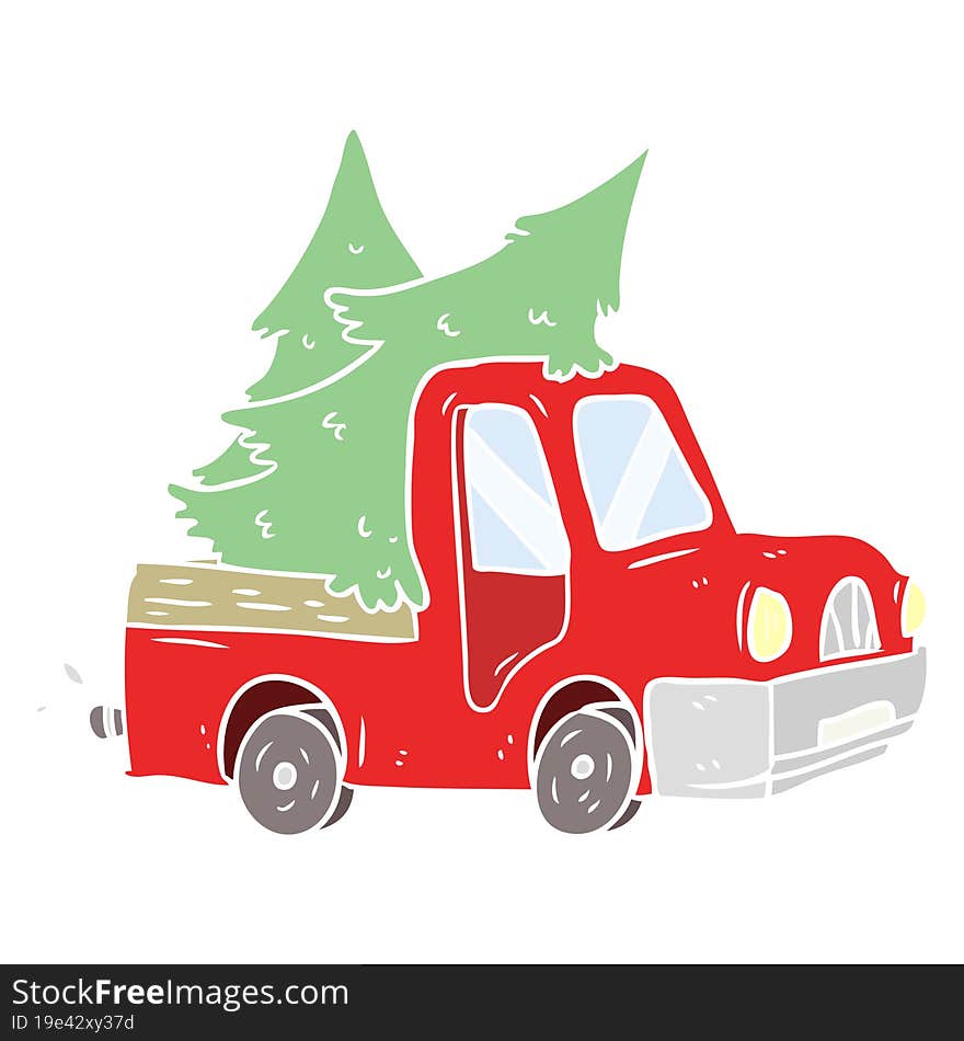 flat color style cartoon pickup truck carrying christmas trees