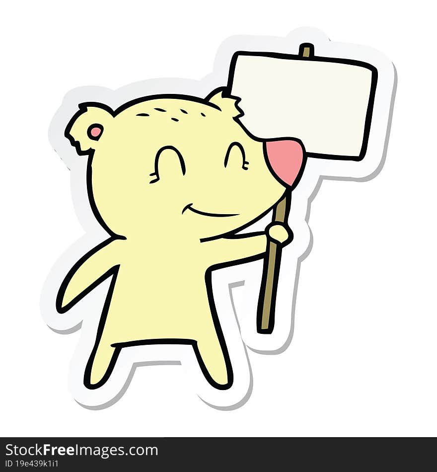 sticker of a cartoon bear holding sign