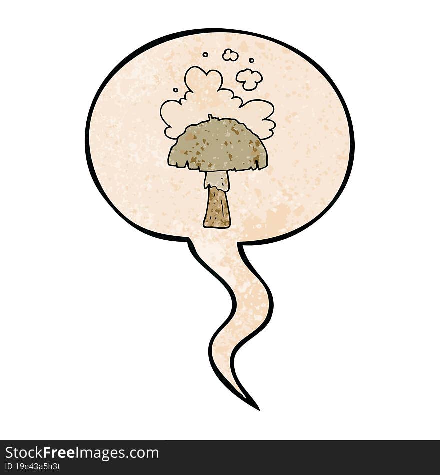 cartoon mushroom with spore cloud with speech bubble in retro texture style. cartoon mushroom with spore cloud with speech bubble in retro texture style