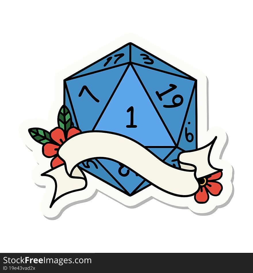 sticker of a natural one d20 dice roll. sticker of a natural one d20 dice roll