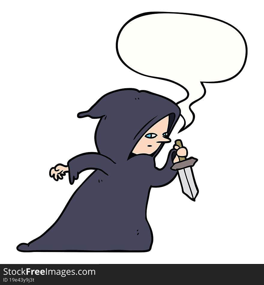 Cartoon Assassin In Dark Robe And Speech Bubble