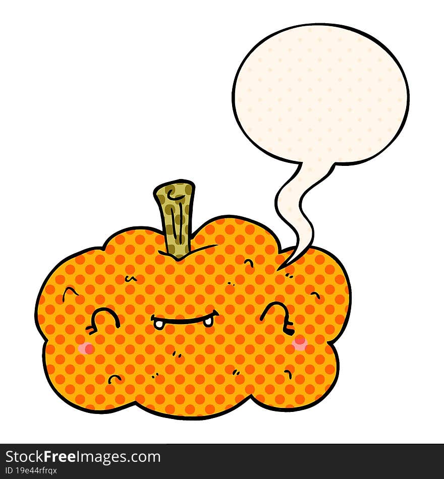 cartoon pumpkin and speech bubble in comic book style