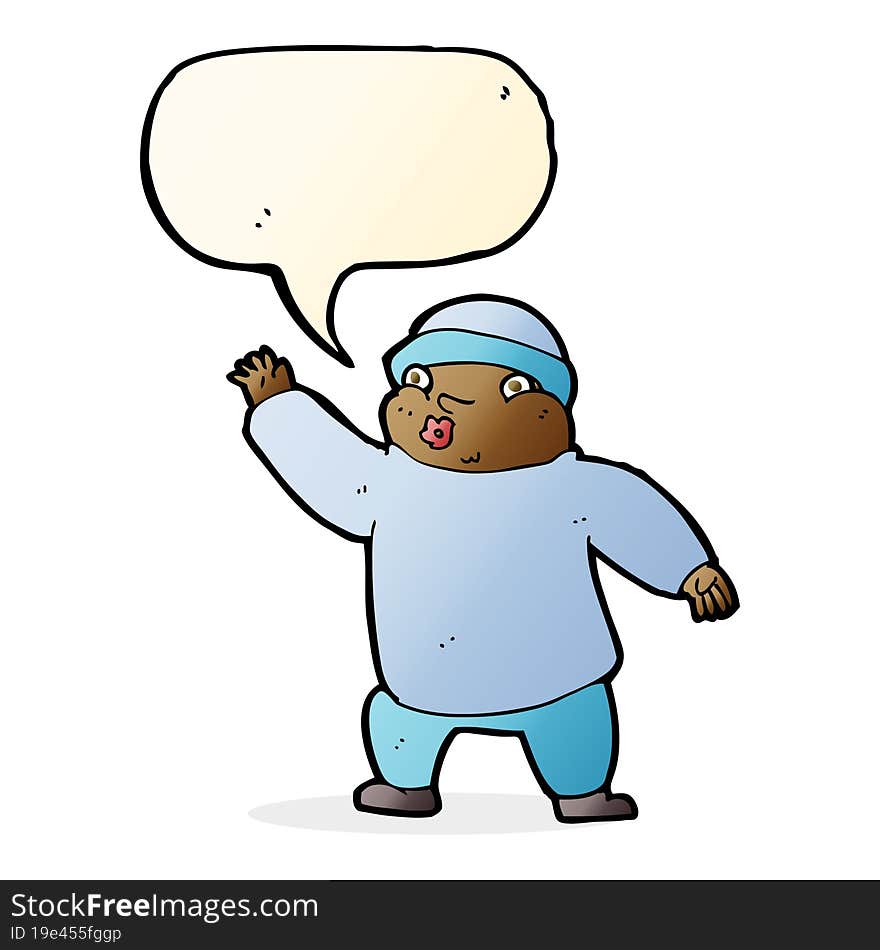 Cartoon Man In Hat Waving With Speech Bubble