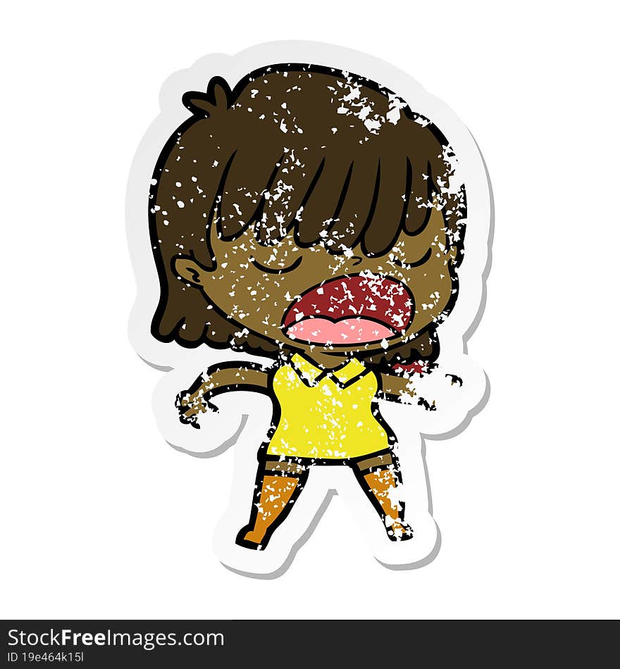 distressed sticker of a cartoon woman talking loudly