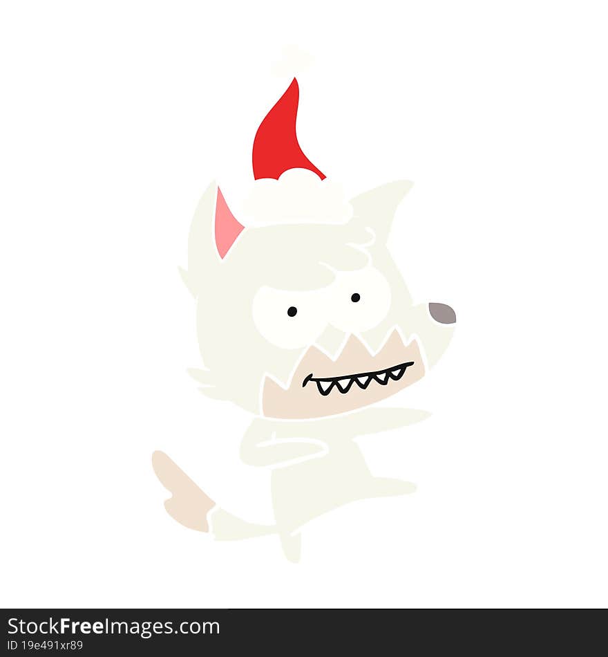 flat color illustration of a grinning fox wearing santa hat