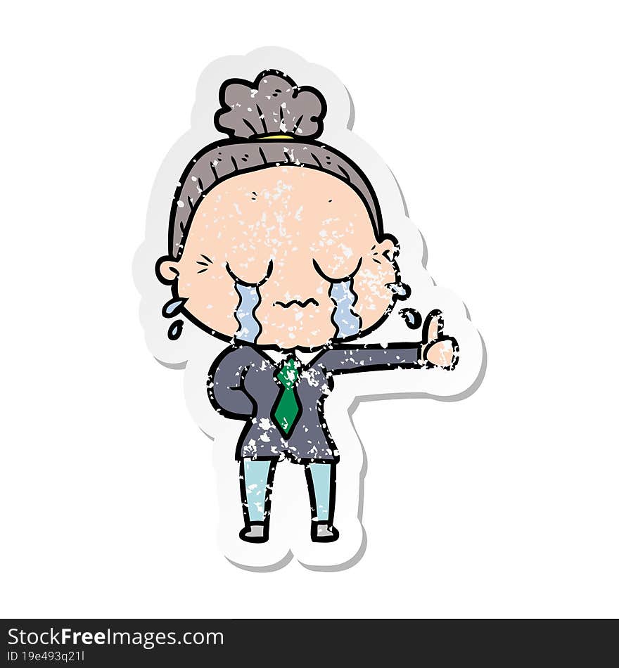 Distressed Sticker Of A Cartoon Old Woman Crying