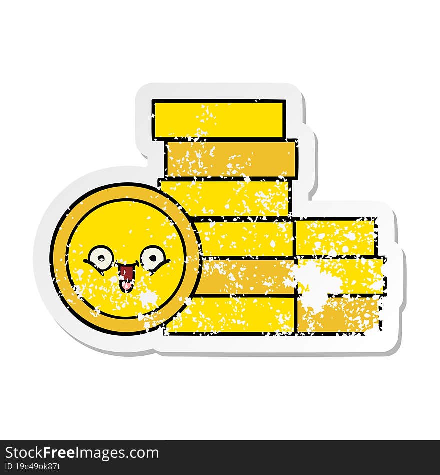 Distressed Sticker Of A Cute Cartoon Coins