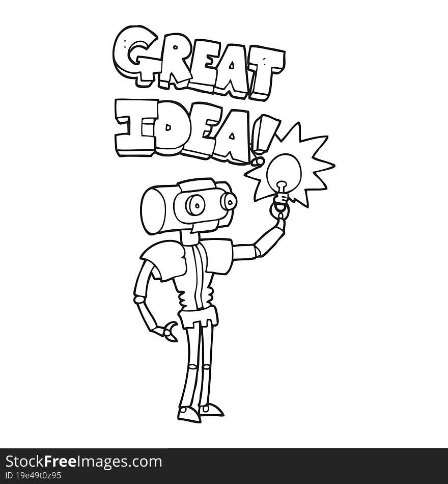 black and white cartoon robot with great idea