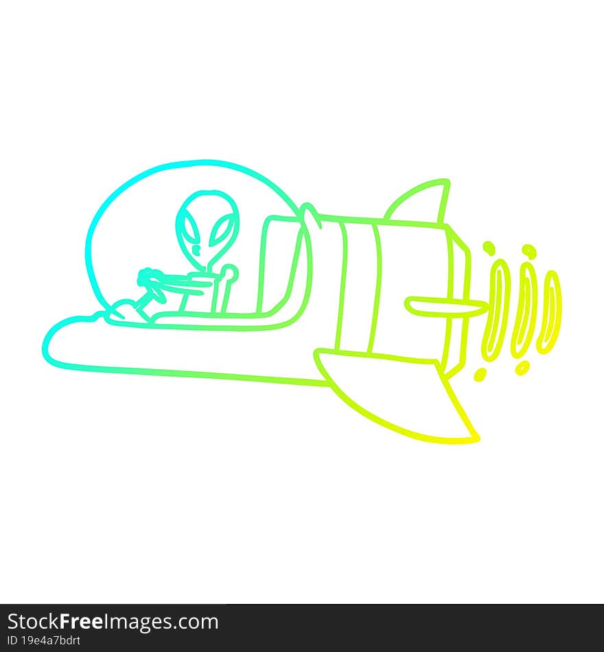 Cold Gradient Line Drawing Cartoon Alien Spacecraft