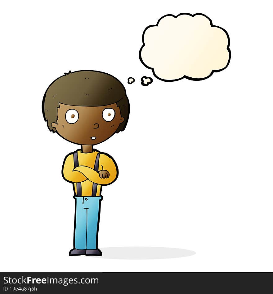 cartoon staring boy with folded arms with thought bubble