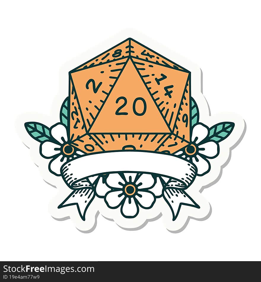 sticker of a natural 20 critical hit D20 dice roll. sticker of a natural 20 critical hit D20 dice roll