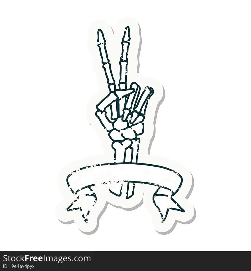 grunge sticker with banner of a skeleton hand giving a peace sign