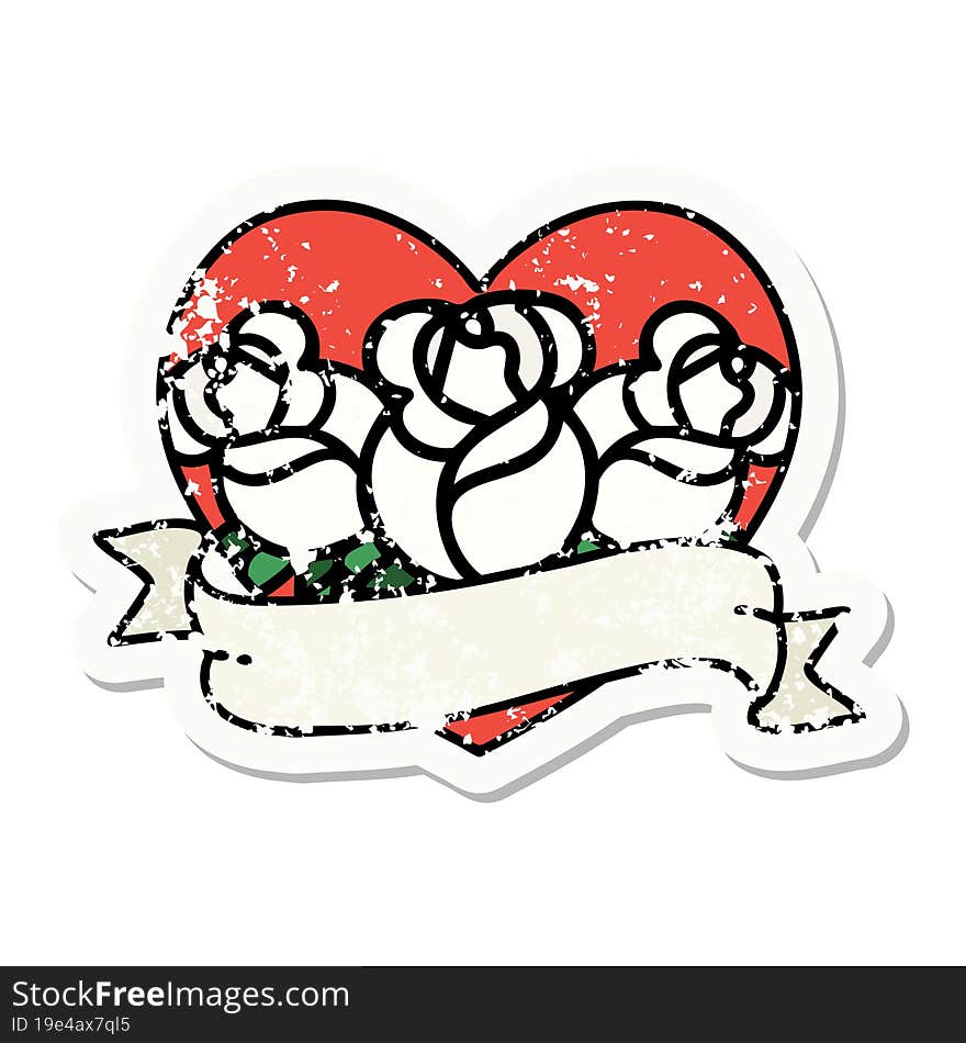 distressed sticker tattoo in traditional style of a heart and banner with flowers. distressed sticker tattoo in traditional style of a heart and banner with flowers