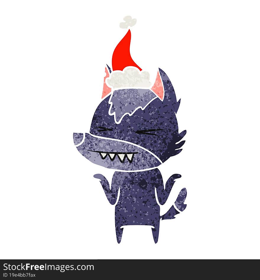 angry wolf retro cartoon of a wearing santa hat