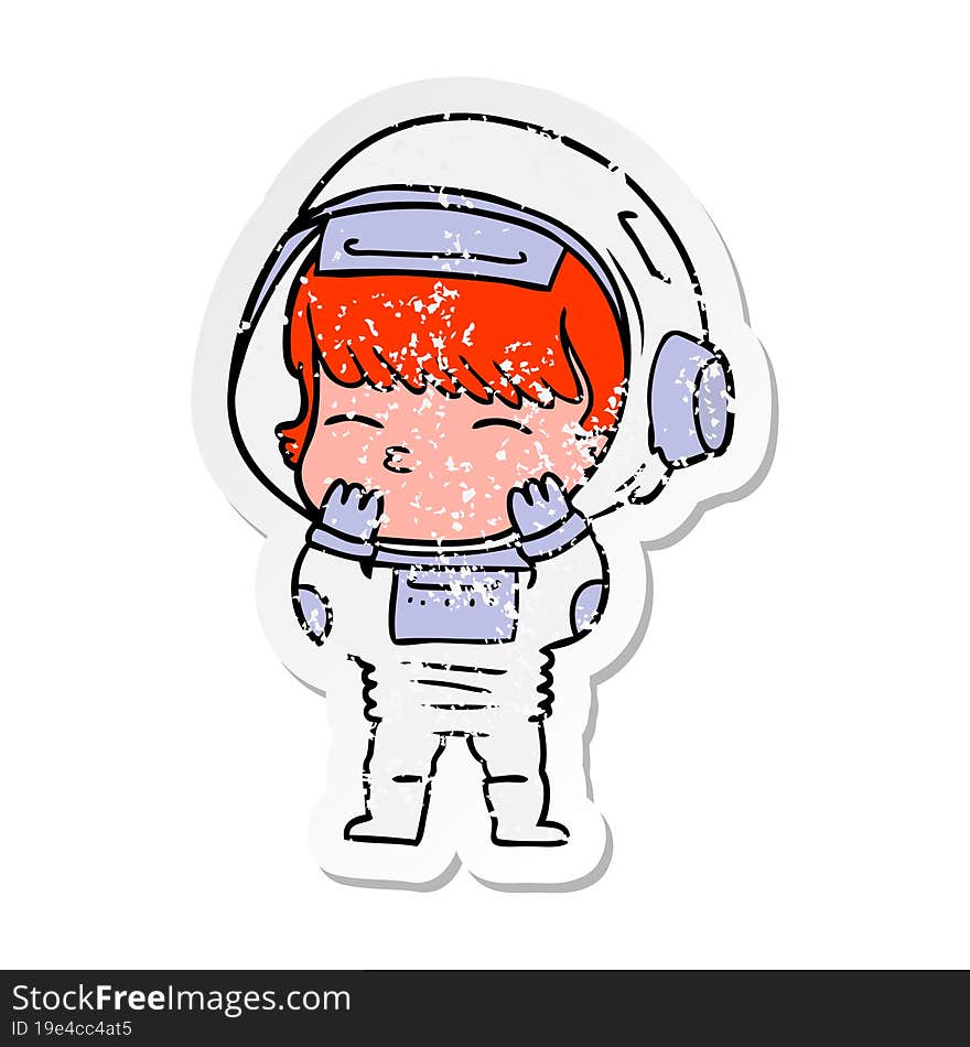 Distressed Sticker Of A Cartoon Curious Astronaut