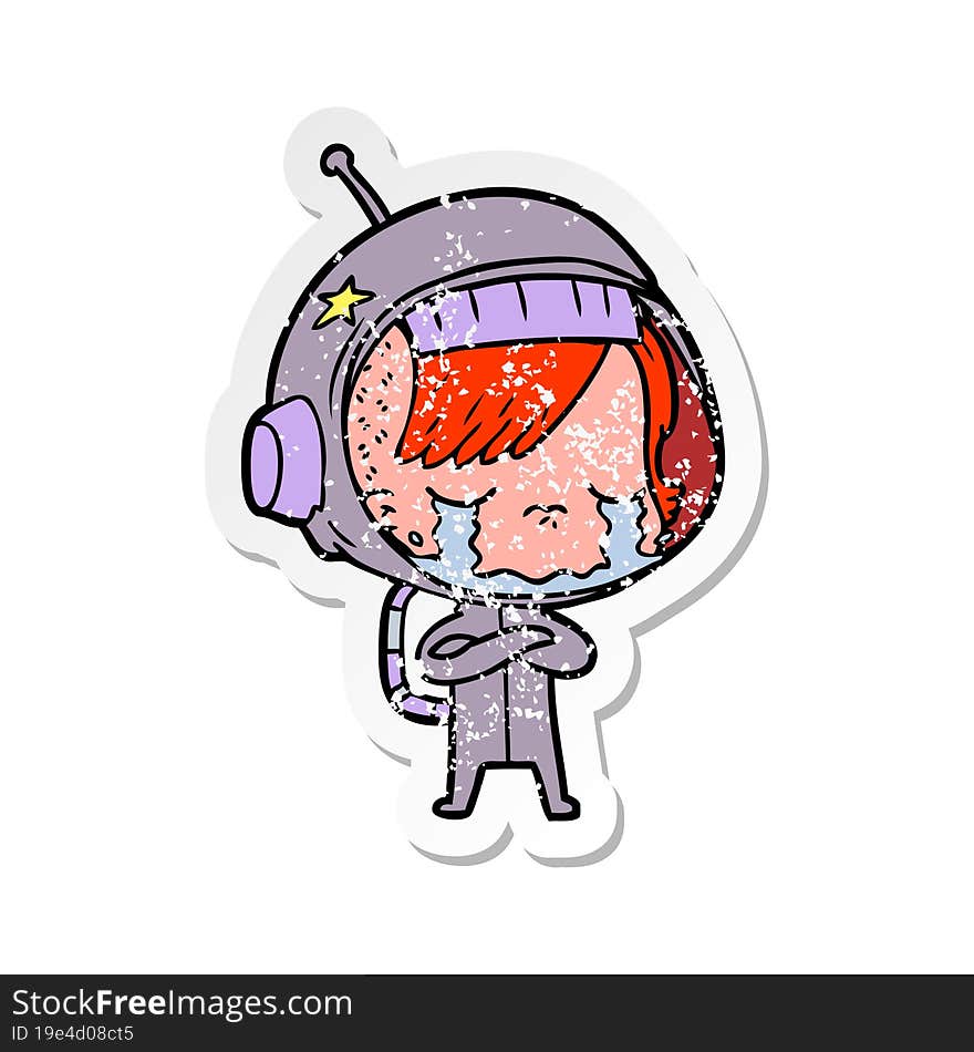 distressed sticker of a cartoon crying astronaut girl