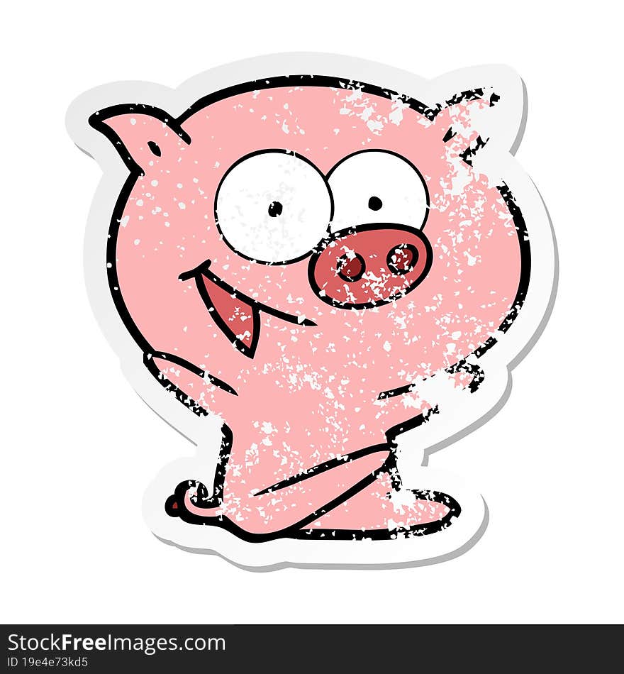 distressed sticker of a cheerful sitting pig cartoon