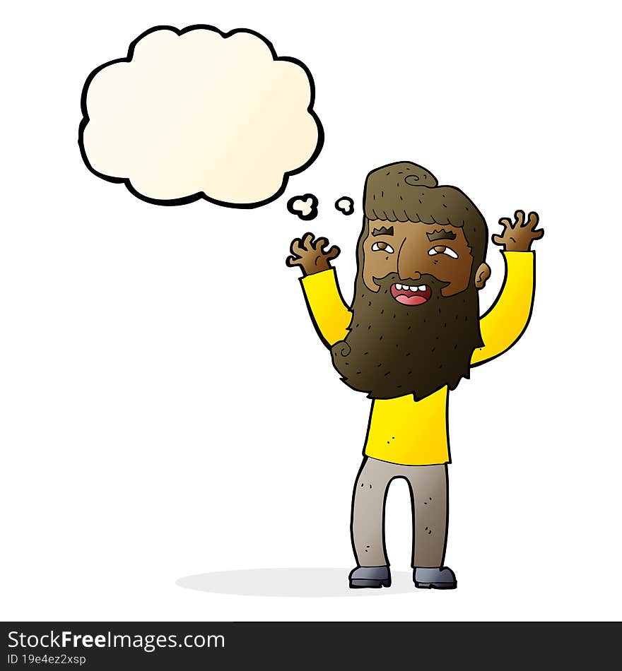 cartoon happy bearded man waving arms with thought bubble