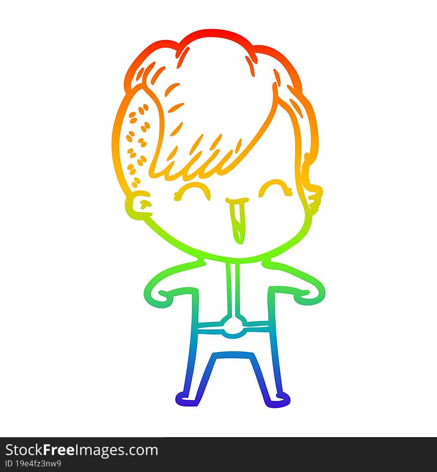 Rainbow Gradient Line Drawing Cartoon Happy Hipster Girl