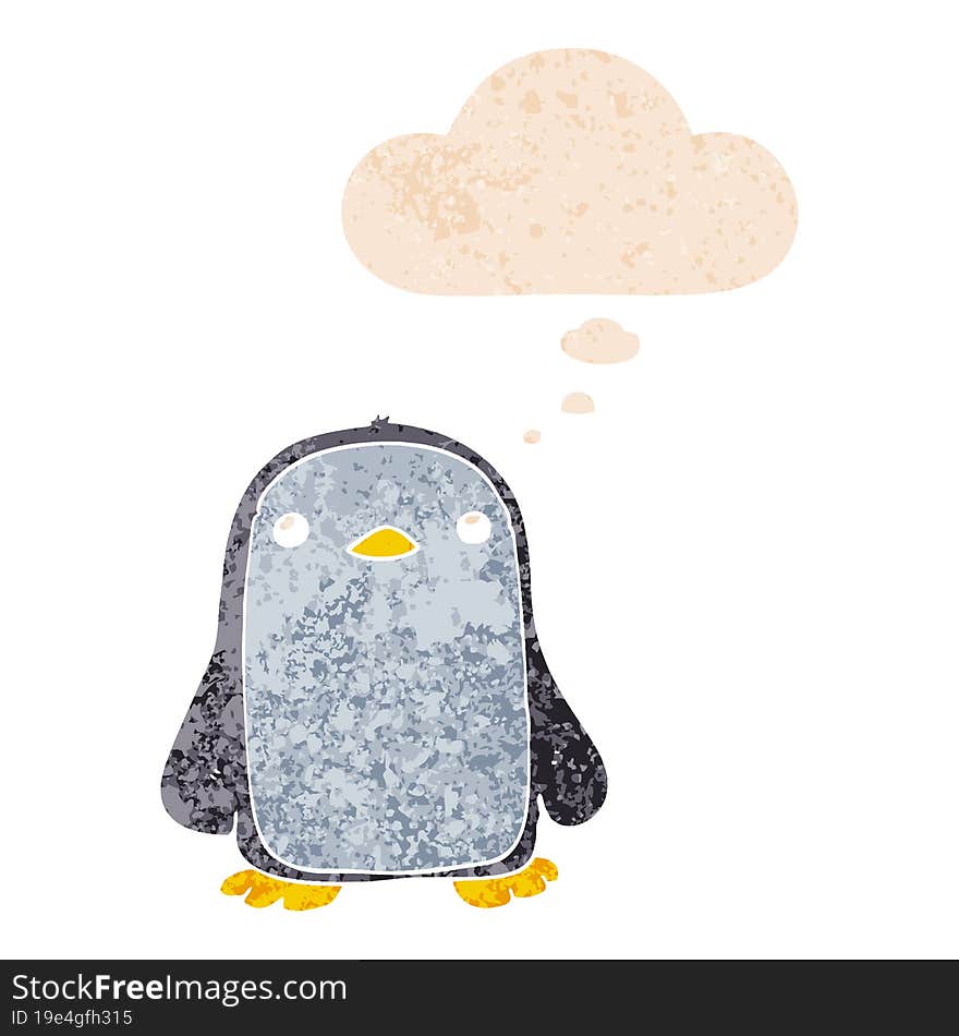 Cute Cartoon Penguin And Thought Bubble In Retro Textured Style