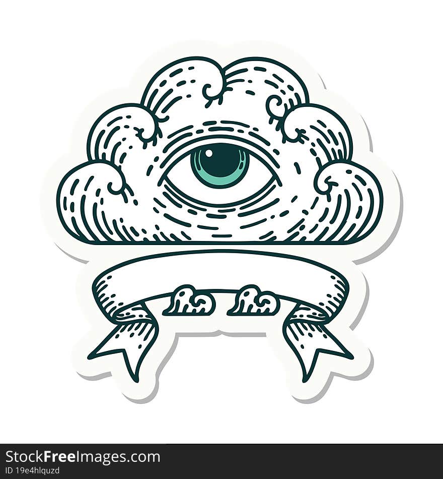 tattoo style sticker with banner of an all seeing eye cloud