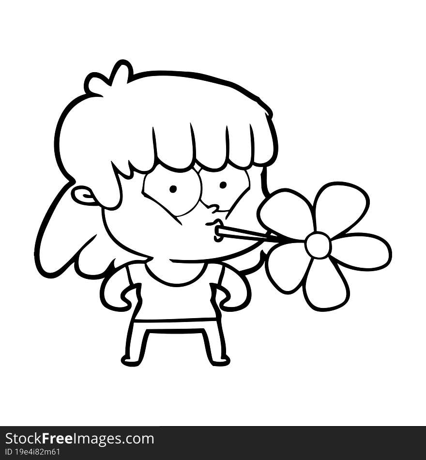 cartoon girl with flower in mouth. cartoon girl with flower in mouth