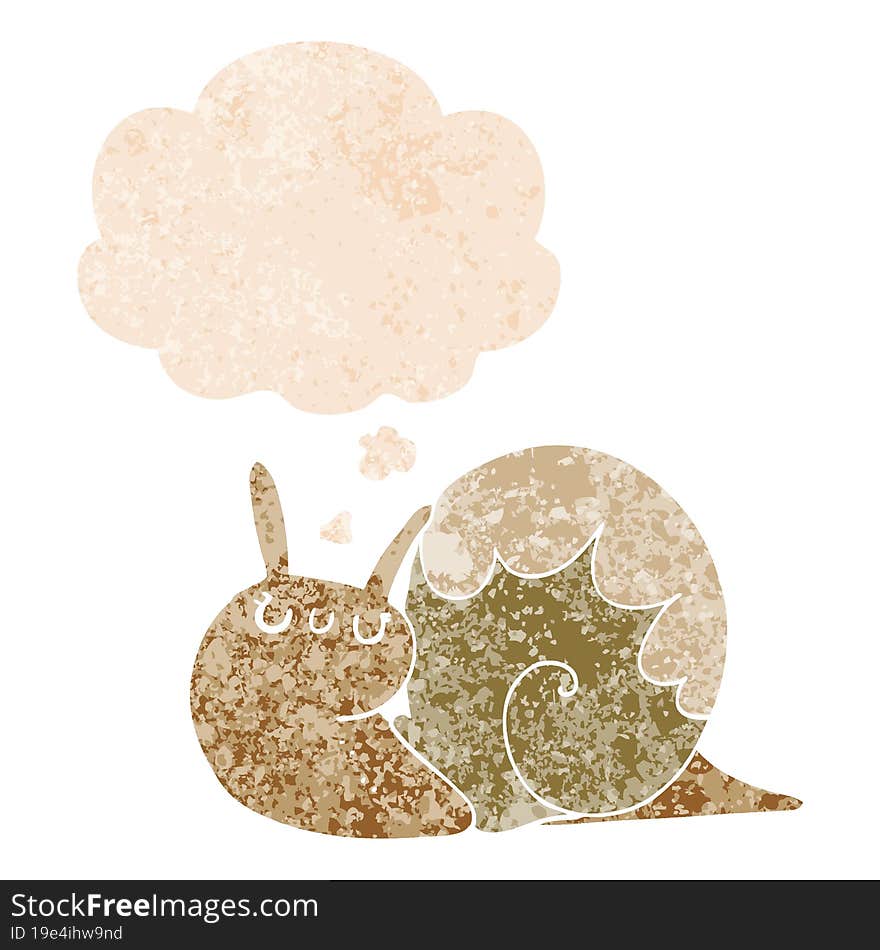 cute cartoon snail with thought bubble in grunge distressed retro textured style. cute cartoon snail with thought bubble in grunge distressed retro textured style