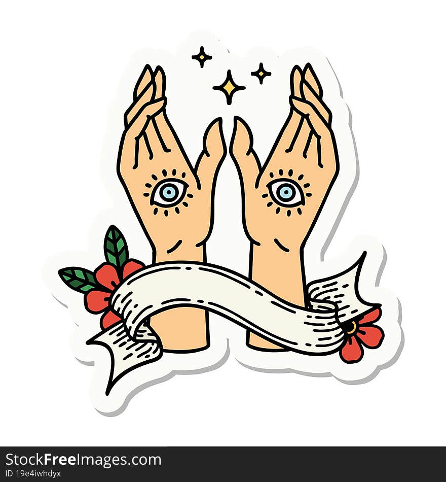 tattoo style sticker with banner of mystic hands