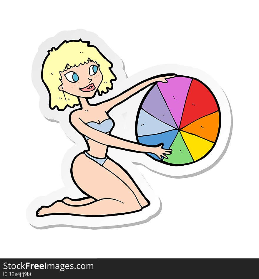 Sticker Of A Cartoon Bikini Girl With Beach Ball