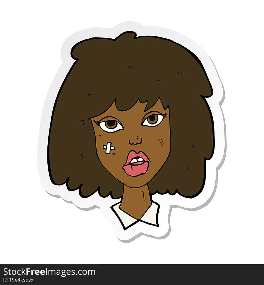 sticker of a cartoon woman with bruised face