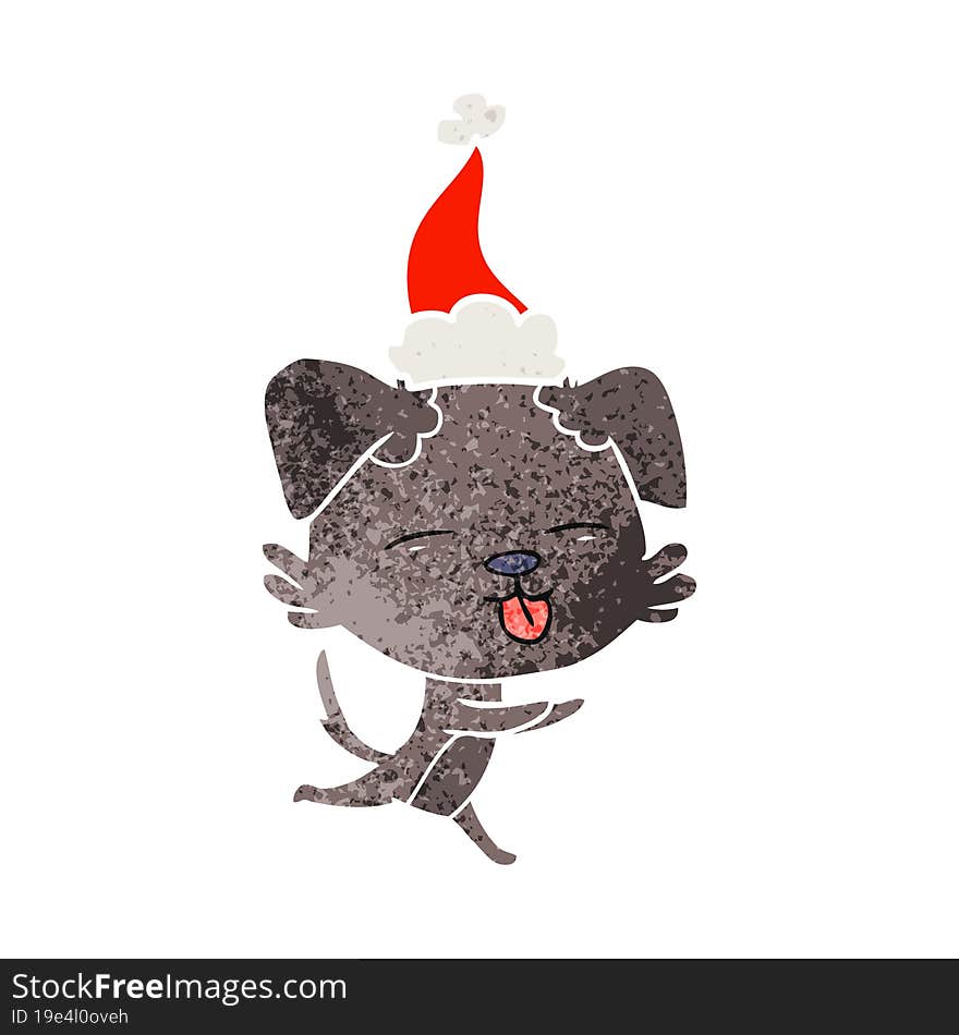 retro cartoon of a dog sticking out tongue wearing santa hat