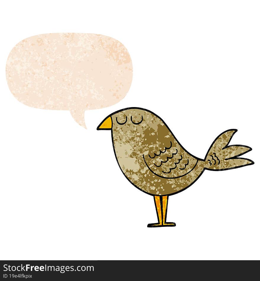 cartoon bird and speech bubble in retro textured style