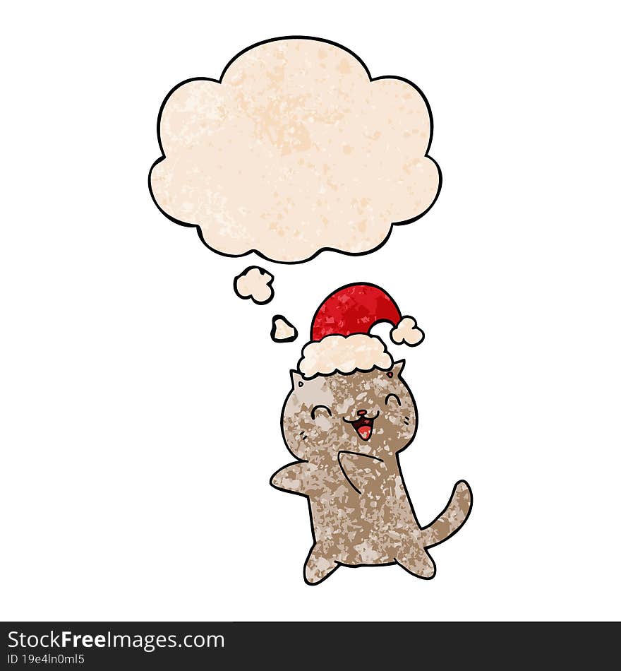 cute cartoon christmas cat with thought bubble in grunge texture style. cute cartoon christmas cat with thought bubble in grunge texture style