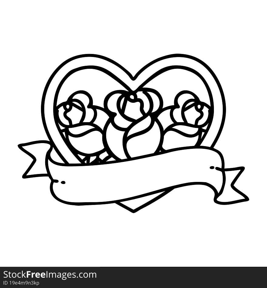 Black Line Tattoo Of A Heart And Banner With Flowers