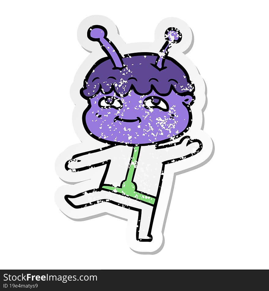 distressed sticker of a friendly cartoon spaceman dancing